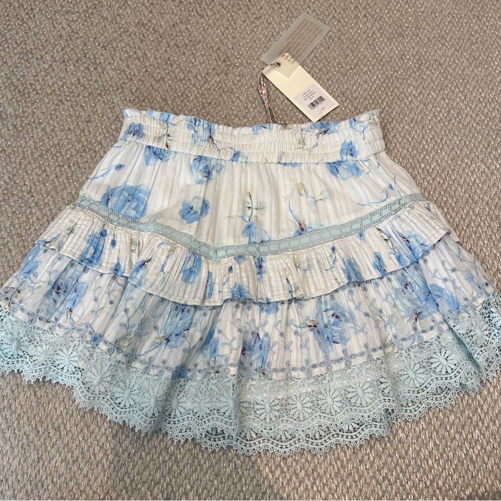 LoveShackFancy Floral Blue Lace Trim Skirt